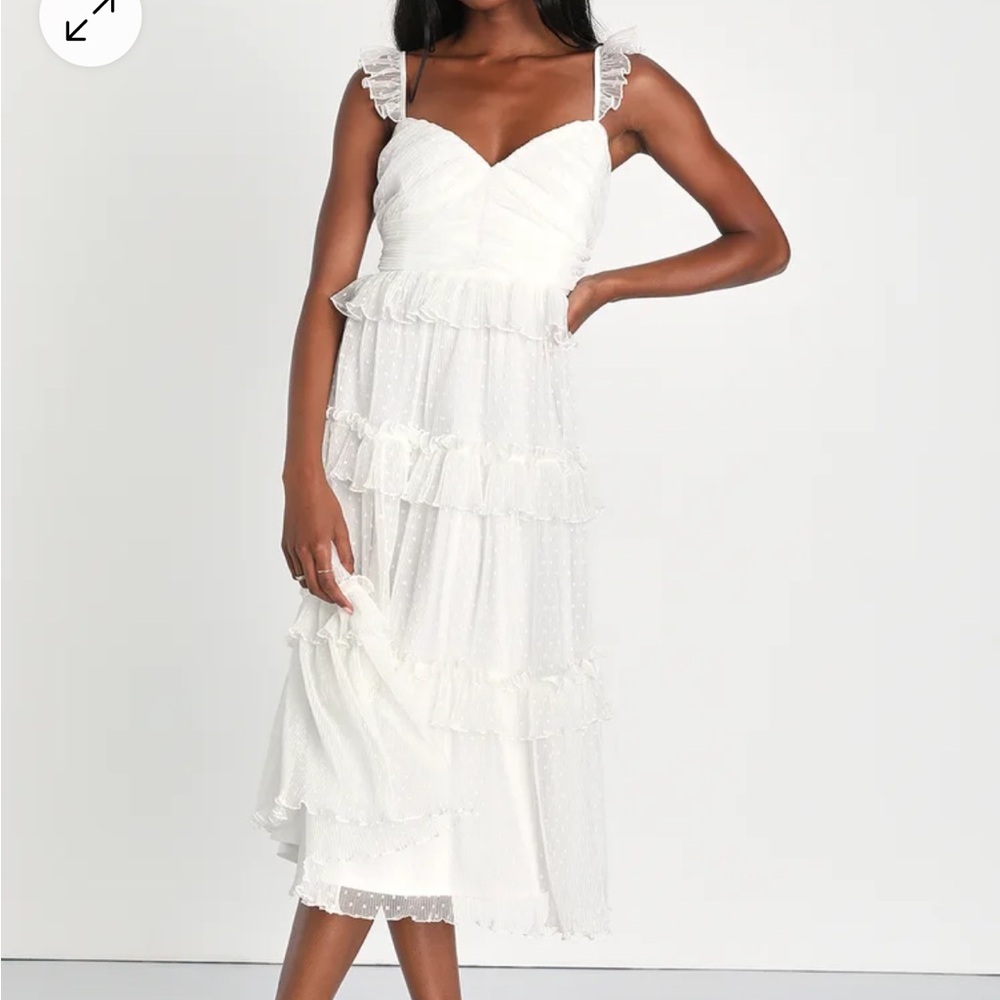 Whimsical Elegance White Mesh Swiss Dot Tiered Midi Dress